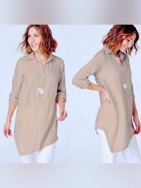 J. Jill Women's Linen Asymmetrical Hem V-Neck Popover Tunic Top Small Beige Boho